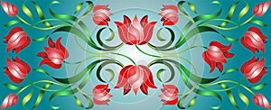 Stained glass illustration with  flowers, leaves and buds of red tulips on a cyan  background, symmetrical image, horizontal orien