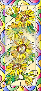 Stained glass illustration with flowers, leaves and buds of the sunflower,on a yellow background in a bright frame