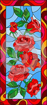 Stained glass illustration with flowers and leaves of red roses in a bright frame,vertical orientation