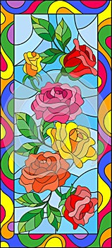 Stained glass illustration with flowers and leaves of rose in a bright frame,vertical orientation