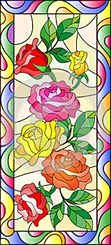 Stained glass illustration with flowers and leaves of rose in a bright frame,vertical orientation