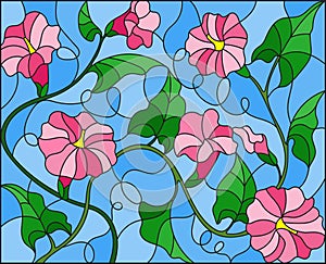 Stained glass illustration flowers loach, pink flowers and leaves on blue background