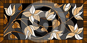 Stained glass illustration with flowers,monochrome Sepia, horizontal orientation