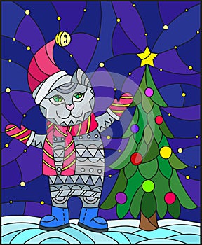 Stained glass illustration with funny cat in Santa hat and Christmas tree on a background of snow and starry sky