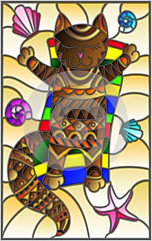 Stained glass illustration with a funny cat sunbathing on the sand among shells