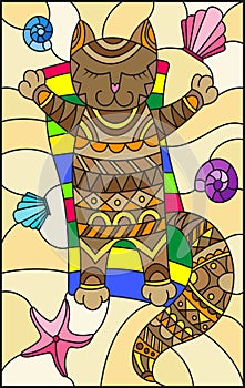 Stained glass illustration with a funny cat sunbathing on the sand among shells