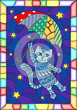 Stained glass illustration with funny flying cat on the umbrella against the starry night sky