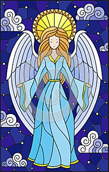 Stained glass illustration with girl angel in blue dress on background of starry sky and clouds