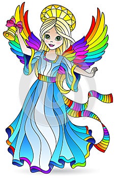 Stained glass illustration with  a girl of angels in a blue dress, isolated element on a white background