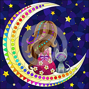 Stained glass illustration with a girl and a cat on the moon on a starry sky background