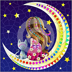 Stained glass illustration with a girl and a cat on the moon on a starry sky background