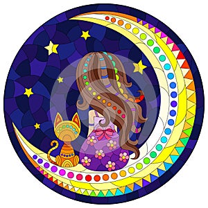 Stained glass illustration with a girl and a cat on the moon on a starry sky background, round image