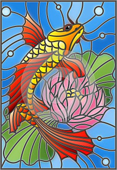 Stained glass illustration with a goldfish and a flower