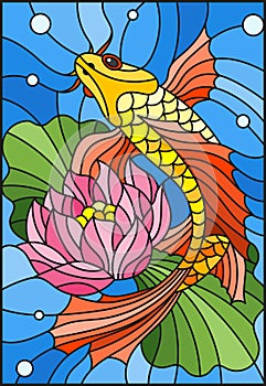 Stained glass illustration with a goldfish and a flower of a lotus against water and vials of air