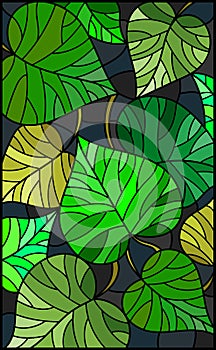 Stained glass illustration with green leaves trees on a dark background