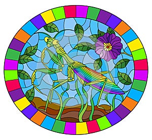 Stained glass illustration with  green mantis and purple flower on grass and sky background, oval image in bright frame