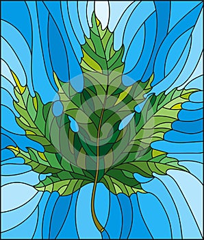 Stained glass illustration with a green maple leaf on a blue background