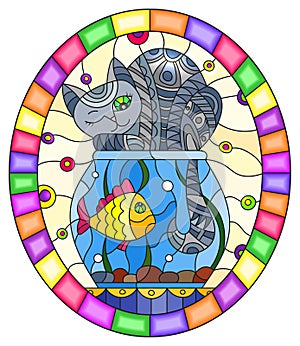 Stained glass illustration with  grey abstract cat and goldfish in the aquarium , oval picture frame in bright