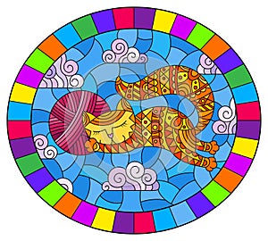 Stained glass illustration with  illustration of a cartoon red cat hugging a ball of pink yarn on the background of sky and clouds