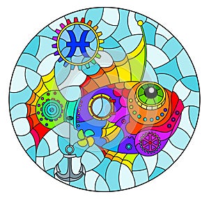 Stained glass illustration with an illustration of the steam punk rainbow sign of the horoscope pisces, oval image