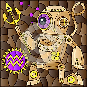 Stained glass illustration with an illustration of the steam punk sign of the Aquarius horoscope