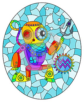 Stained glass illustration with an illustration of the steam punk sign of the Aquarius horoscope, oval image