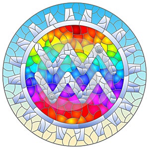 Stained glass illustration with an illustration of the steam punk sign of the Aquarius horoscope, round image