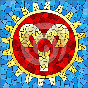 Stained glass illustration with an illustration of the steam punk sign of the aries horoscope