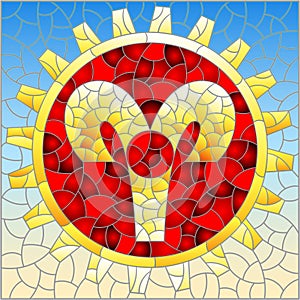 Stained glass illustration with an illustration of the steam punk sign of the aries horoscope