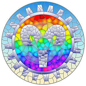 Stained glass illustration with an illustration of the steam punk sign of the aries horoscope, round image