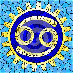 Stained glass illustration with an illustration of the steam punk sign of the Cancer horoscope