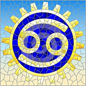 Stained glass illustration with an illustration of the steam punk sign of the Cancer horoscope