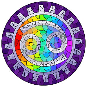 Stained glass illustration with an illustration of the steam punk sign of the Cancer horoscope, round image