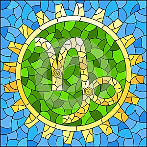 Stained glass illustration with an illustration of the steam punk sign of the Capricorn horoscope