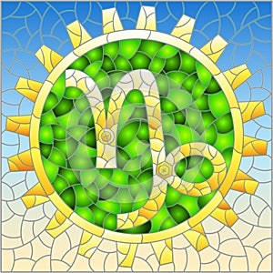 Stained glass illustration with an illustration of the steam punk sign of the Capricorn horoscope