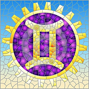 Stained glass illustration with an illustration of the steam punk sign of the Gemini horoscope