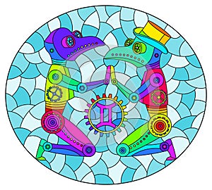 Stained glass illustration with an illustration of the steam punk sign of the Gemini horoscope, oval image