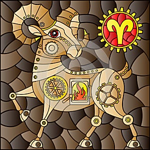 Stained glass illustration with an illustration of the steam punk sign of the horoscope aries