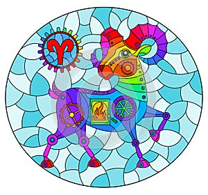 Stained glass illustration with an illustration of the steam punk sign of the horoscope aries, oval image