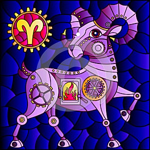 Stained glass illustration with an illustration of the steam punk sign of the horoscope aries, tone blue