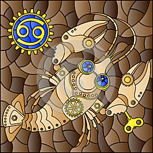 Stained glass illustration with an illustration of the steam punk sign of the horoscope cancer