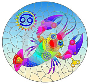 Stained glass illustration with an illustration of the steam punk sign of the horoscope Cancer, oval image