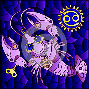 Stained glass illustration with an illustration of the steam punk sign of the horoscope cancer, tone blue