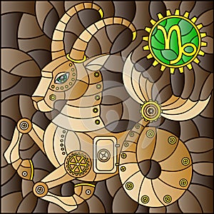 Stained glass illustration with an illustration of the steam punk sign of the horoscope Capricorn