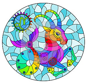 Stained glass illustration with an illustration of the steam punk sign of the horoscope Capricorn, oval image