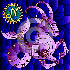 Stained glass illustration with an illustration of the steam punk sign of the horoscope Capricorn, tone blue