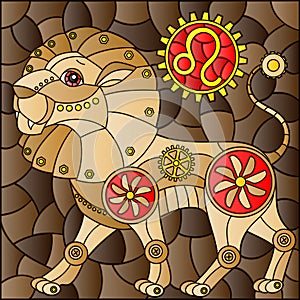 Stained glass illustration with an illustration of the steam punk sign of the horoscope leo