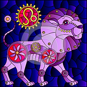 Stained glass illustration with an illustration of the steam punk sign of the horoscope leo, tone brown