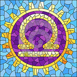 Stained glass illustration with an illustration of the steam punk sign of the horoscope Libra