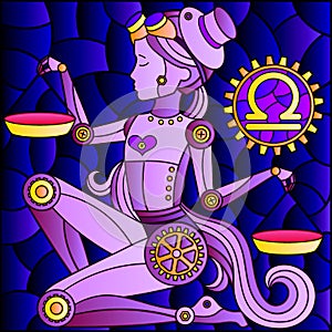 Stained glass illustration with an illustration of the steam punk sign of the horoscope Libra